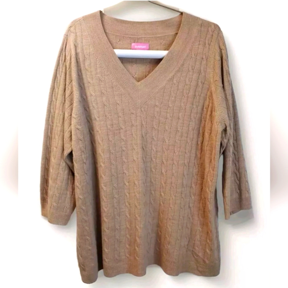 Avenue Sweater Top Plus Sz 26/28W Mushroom Brown Cable Knit Minimalist Neutrals